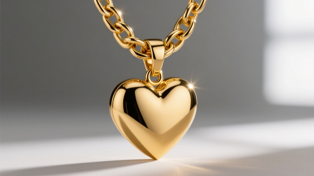 14k gold heart pendant on a thick Cuban chain, showing the sturdy bail and polished metal texture under warm studio lighting.