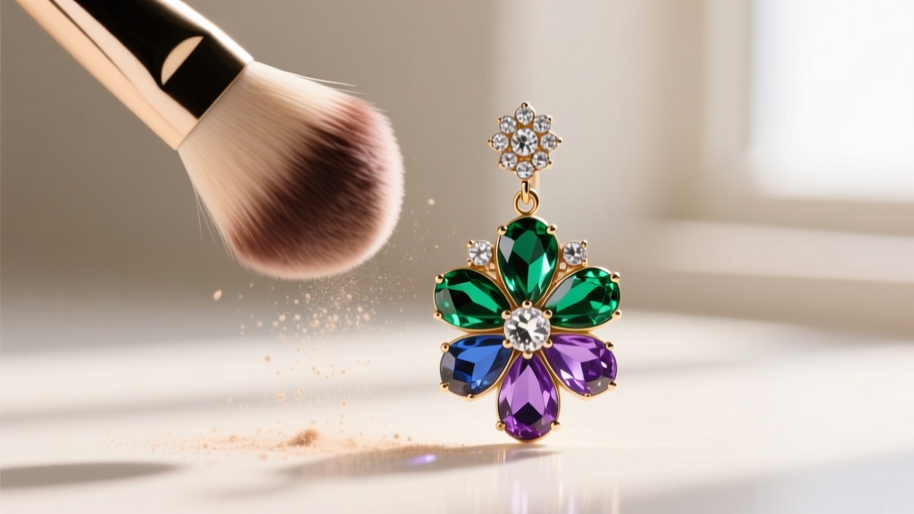 Macro shot of a soft-bristled makeup brush gently dusting pavé glass rhinestones on a floral Kenneth Jay Lane drop earring.