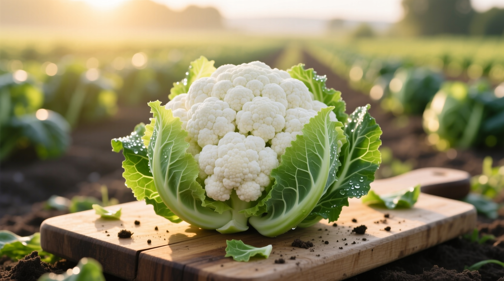 Fresh white cauliflower head with green leaves