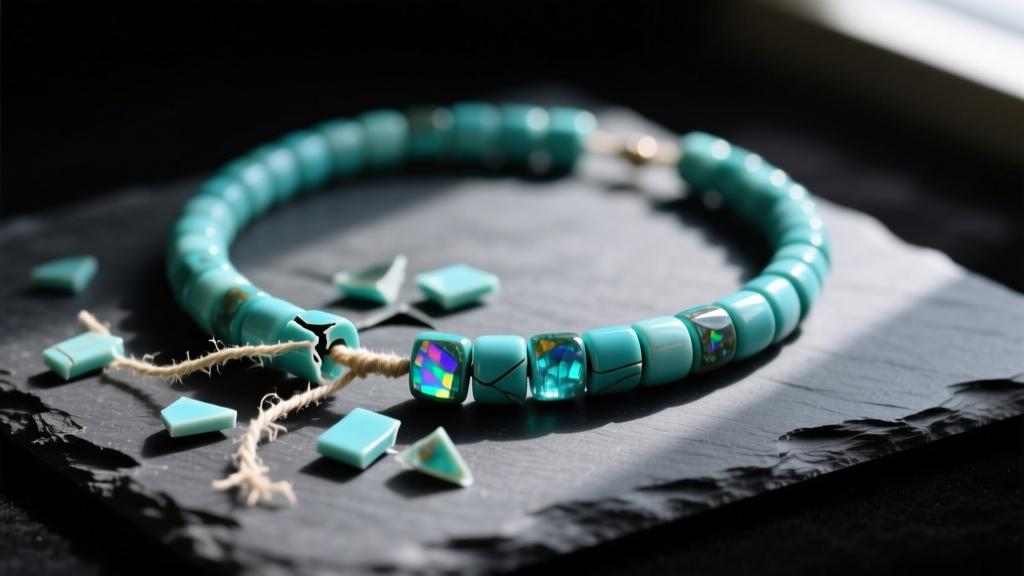 Close-up of a broken turquoise heishi necklace with frayed polyethylene thread resting on a dark slate beading mat.