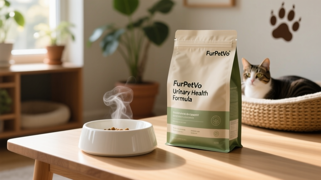 Close-up of a high-quality, grain-free urinary support cat food bag labeled 'FurPetVo Urinary Health Formula' next to a clean ceramic food bowl