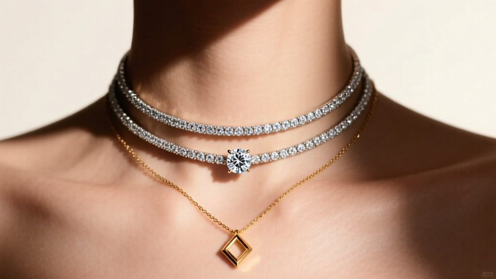 Layered diamond necklace stack on a collarbone, featuring a delicate choker, solitaire, and pendant chain in warm studio light