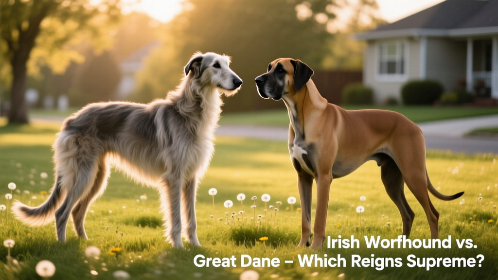 Side-by-side comparison photo showing an Irish Wolfhound and a Great Dane standing calmly on grass