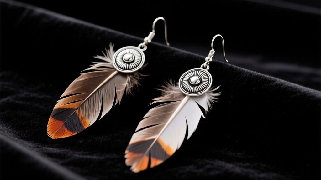 Authentic American Indian feather earrings with sterling silver conchos and natural turkey feathers resting on dark velvet