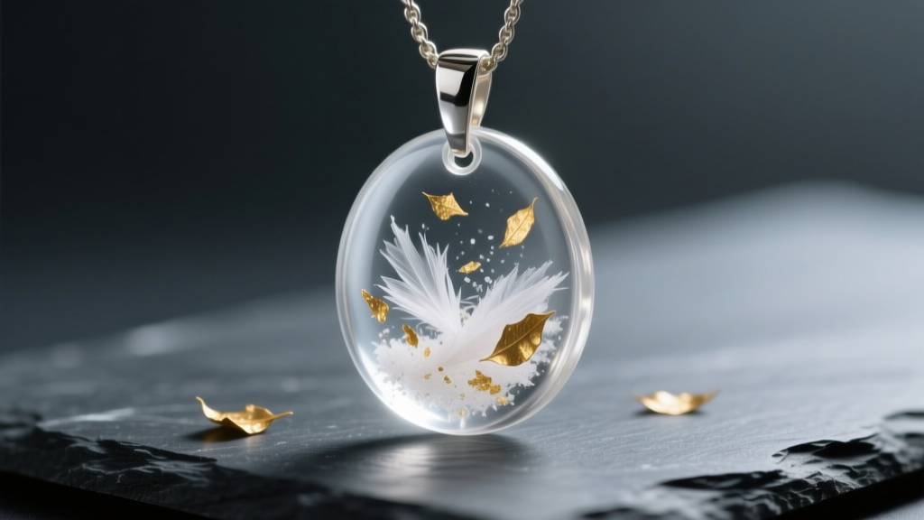Close-up of a clear resin cremation pendant with white ashes and gold leaf, resting on dark slate under soft studio lighting