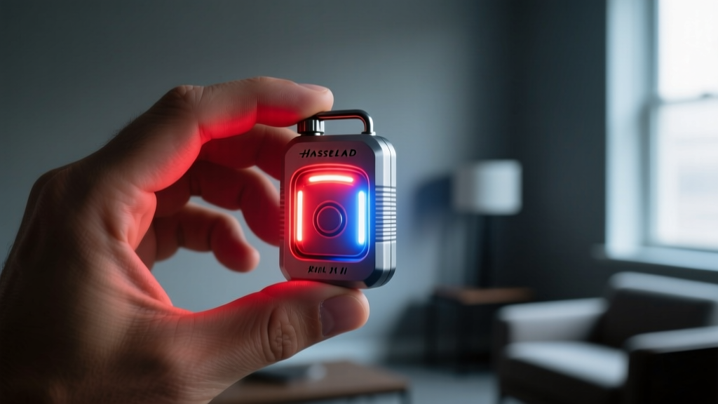Hands demonstrating the pull-pin mechanism of an aerospace aluminum personal safety alarm with a bright LED strobe light flashing in a dim room.