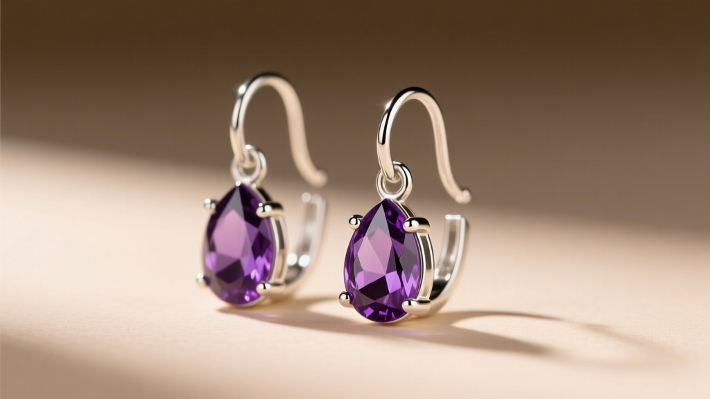 Close-up of 21-gauge sterling silver kidney wire earrings with amethyst drops, highlighting the self-closing loop in warm light.