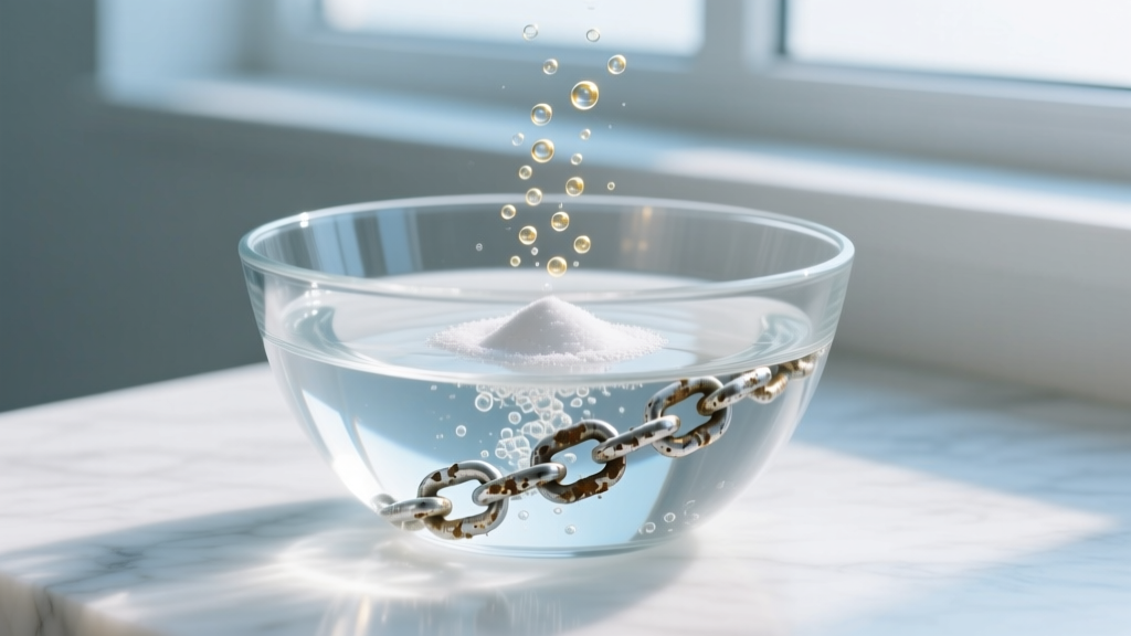 Glass bowl with foil, hot water, and baking soda, showing a submerged tarnished silver chain releasing tiny hydrogen gas bubbles.