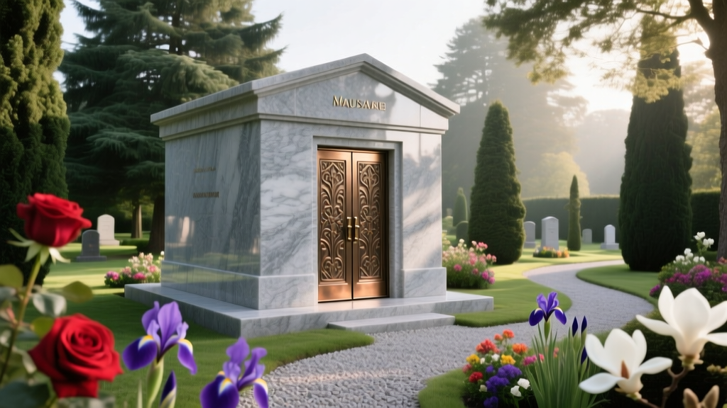 Elegant private family mausoleum constructed from polished Barre gray granite with bronze doors, set in a landscaped cemetery environment