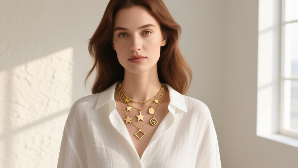 A woman wearing a layered charm collector necklace featuring a mix of matte and polished 14k gold charms over a white linen shirt