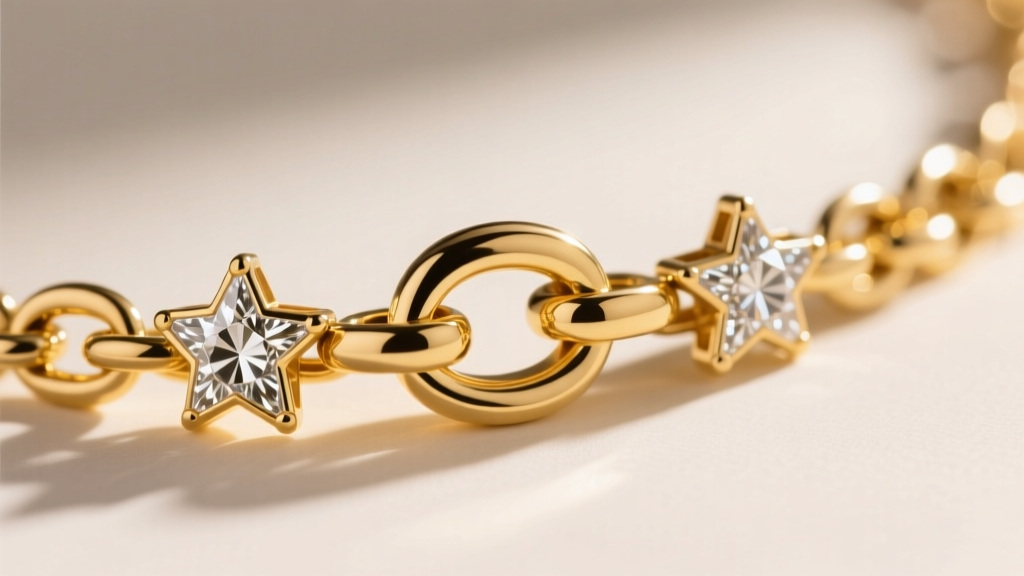 Macro close-up of a 14k yellow gold box chain featuring a secure lobster clasp and three sliding diamond-cut star bails.