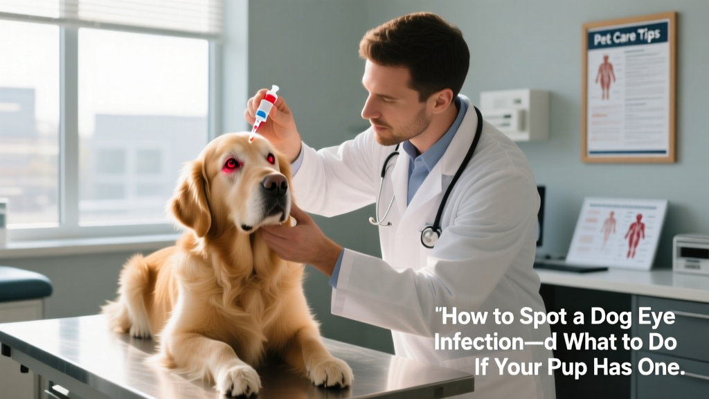 Veterinarian gently applying eye drops to a calm dog during an exam