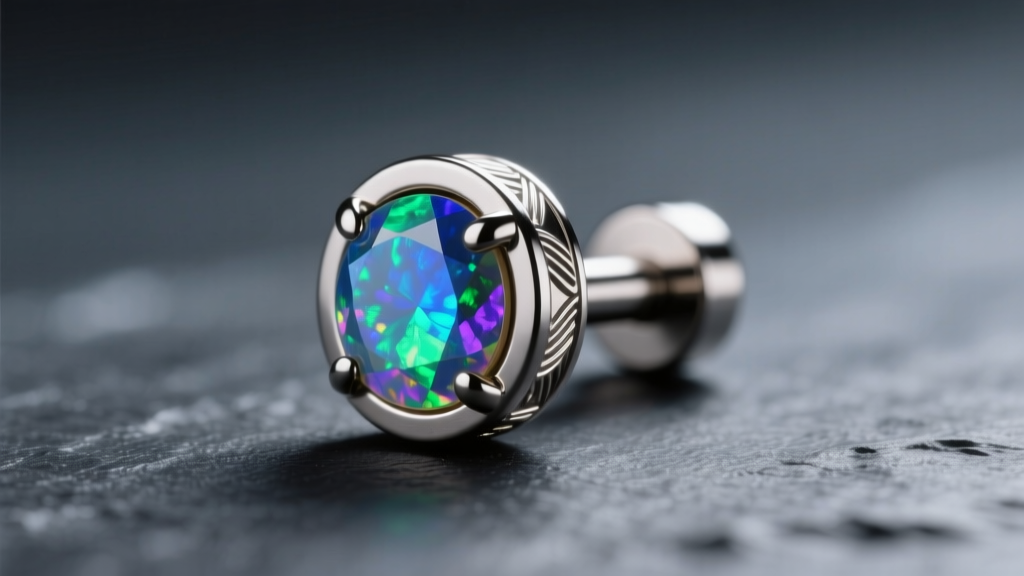 Close-up of titanium flat back labret stud with bezel opal on dark slate, soft lighting revealing internal threading details.