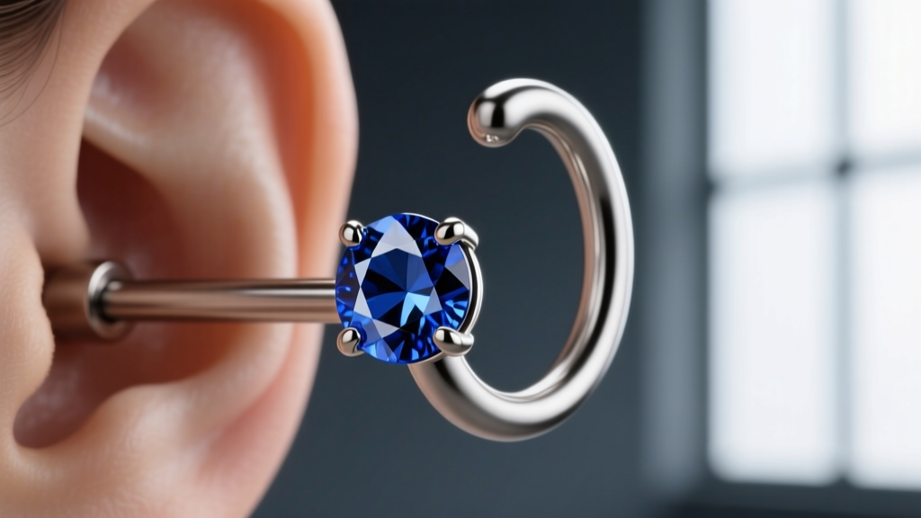 Macro photography of a 16-gauge implant-grade titanium curved barbell earring with a prong-set sapphire gem on dark slate