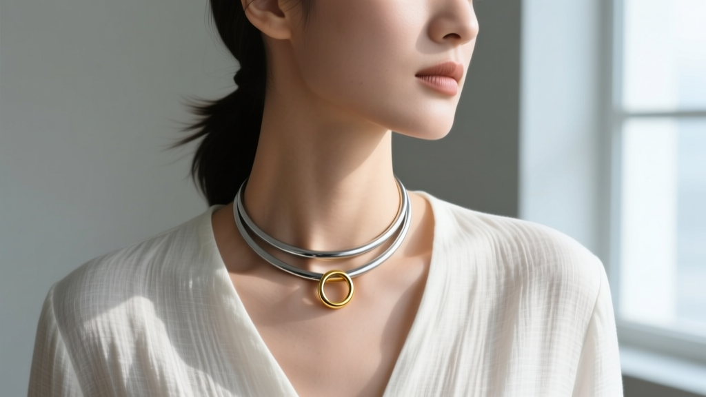Woman wearing a surgical steel rings necklace under linen, with a gold wedding band resting securely on the small metal loop