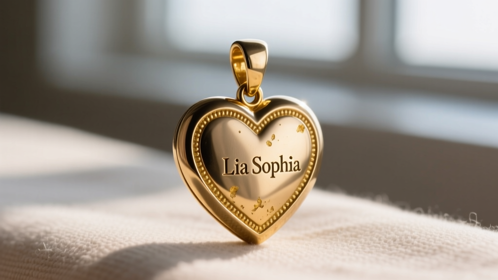 The back of a brass-based Lia Sophia heart pendant showing the engraved brand hallmark and slight gold plating wear near the bail