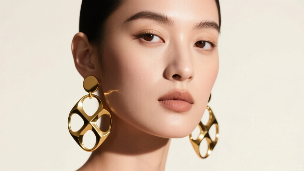 Model wearing oversized hollow gold XL earrings, soft studio lighting highlighting the earlobe and jawline in a chic portrait
