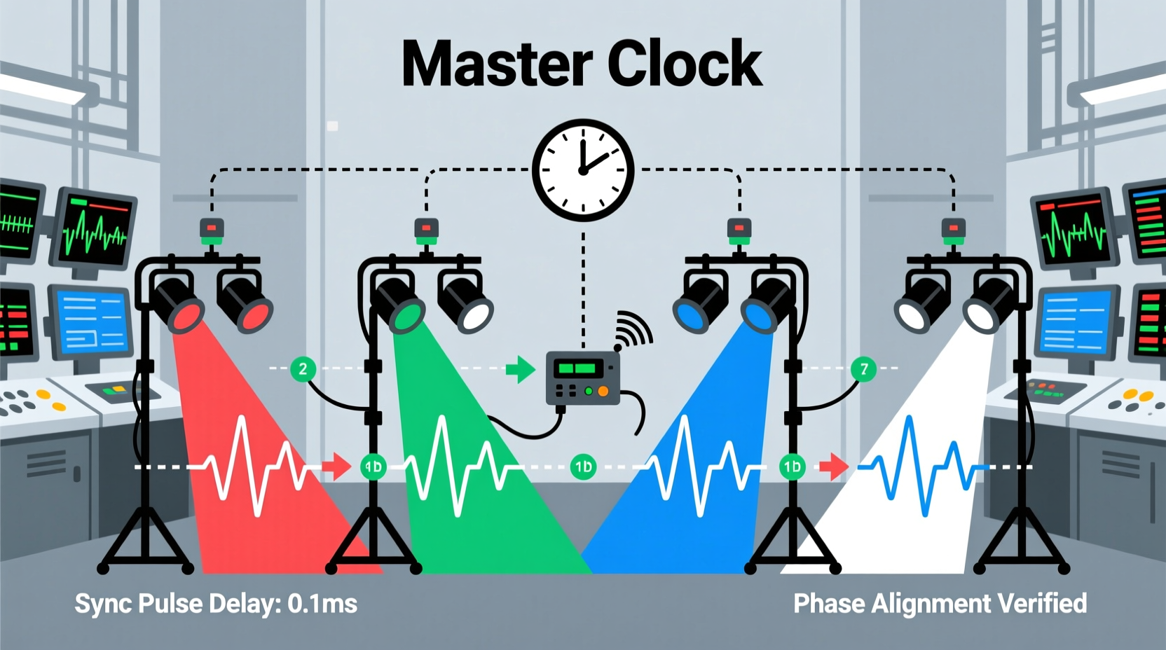 how to calibrate timing between multiple sets of synchronized lights