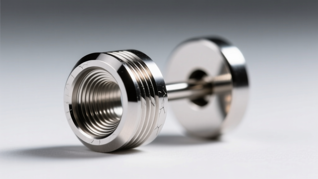 Extreme close-up of a threaded 14-gauge titanium earring post showing precise internal threading and a mirror polish finish.