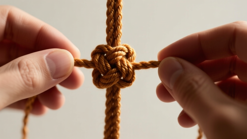 Close-up of hands tying a sliding macrame square knot on a 2mm waxed cotton cord, lit by warm directional light.