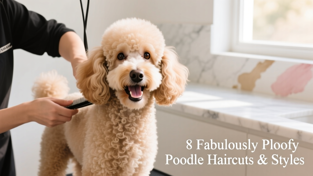 A cheerful Poodle receiving a professional grooming session, showcasing soft, well-maintained curls