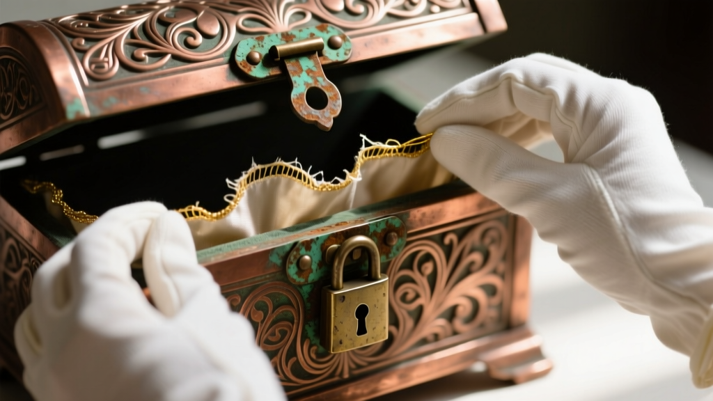 Hands in white cotton gloves examining the torn silk lining and rusted hinge of an ornate copper antique metal jewelry chest.