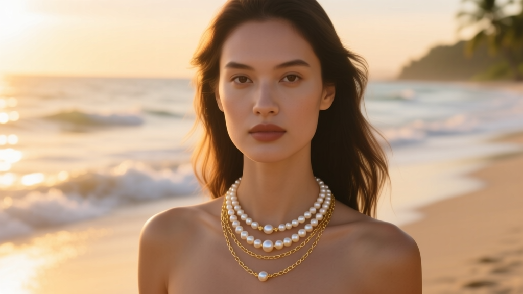 Woman wearing a layered marine pearl and gold chain necklace on a beach at golden hour, soft ocean waves blurred in the background