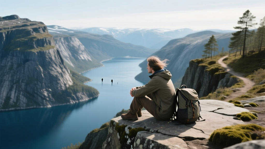 Person sitting on Trolltunga Rock above a fjord in Norway