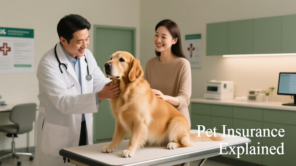A friendly veterinarian gently examining a dog in a clean, well-lit exam room while the owner looks on reassuringly