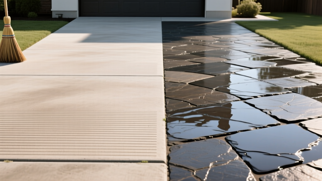 Side-by-side comparison of a broom-finished regular concrete driveway and a slate-stamped concrete patio with integral color and wet-look sealer