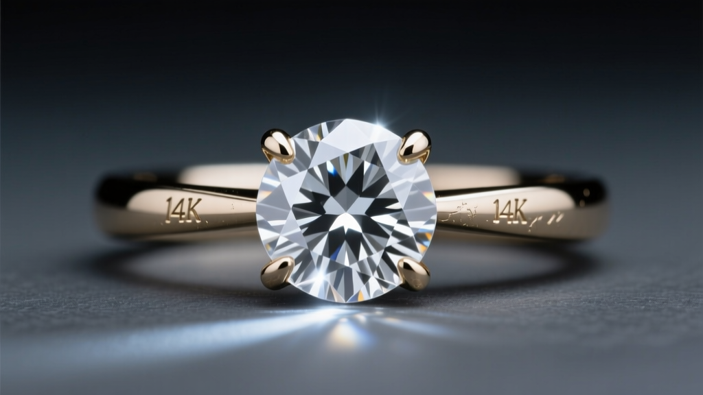 Macro shot of a 14k white gold prong setting holding a round diamond, illuminated by a cool LED loupe against dark slate