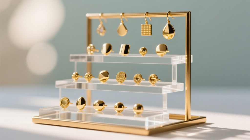 Tiered acrylic and brass DIY stud earring holder displaying gold studs, shot from a low angle against a softly blurred background.