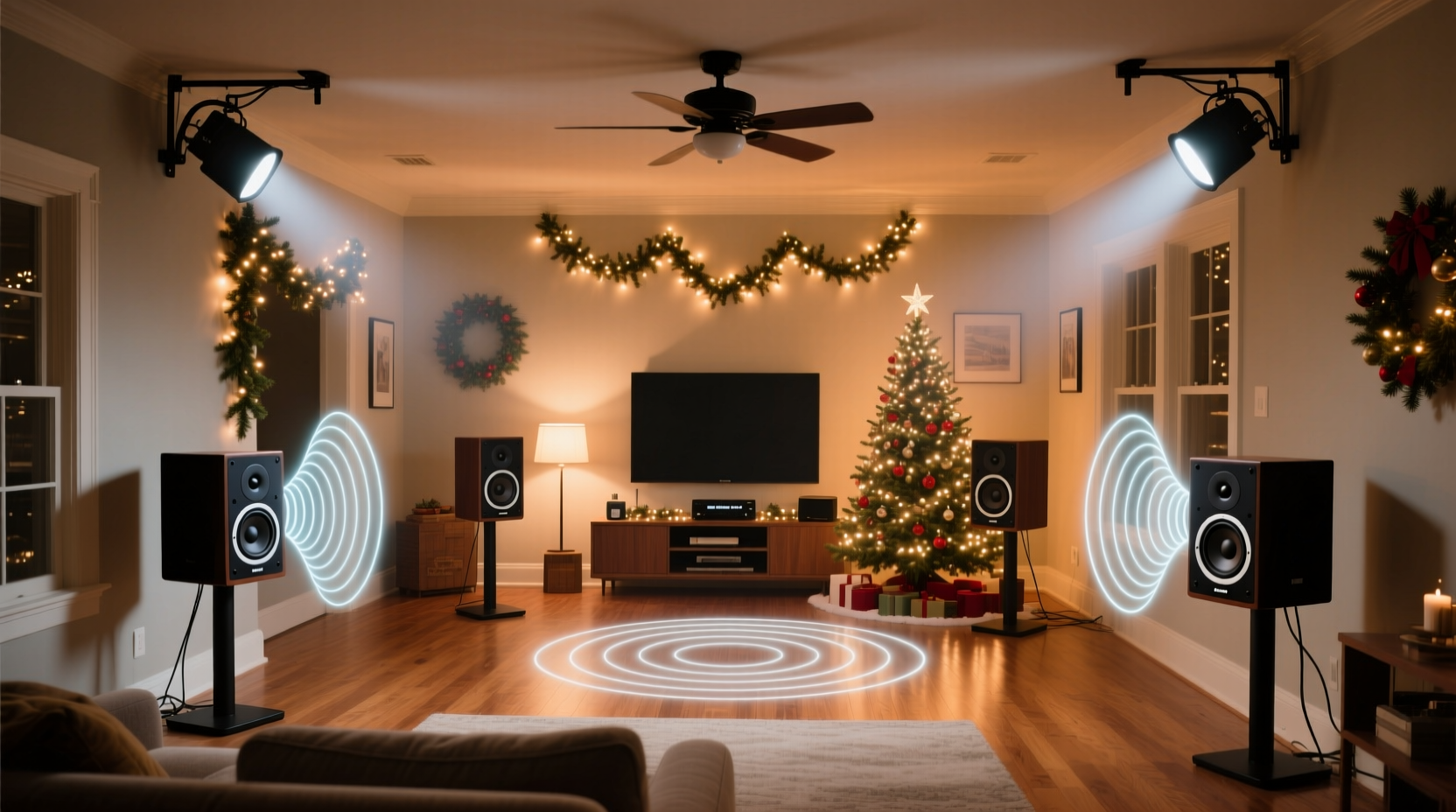 best placement for christmas speakers playing carols indoors for full coverage