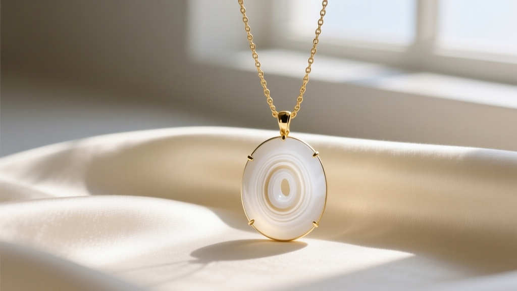 Polished white agate pendant with subtle banding on a delicate gold chain against soft cream fabric in bright natural daylight.