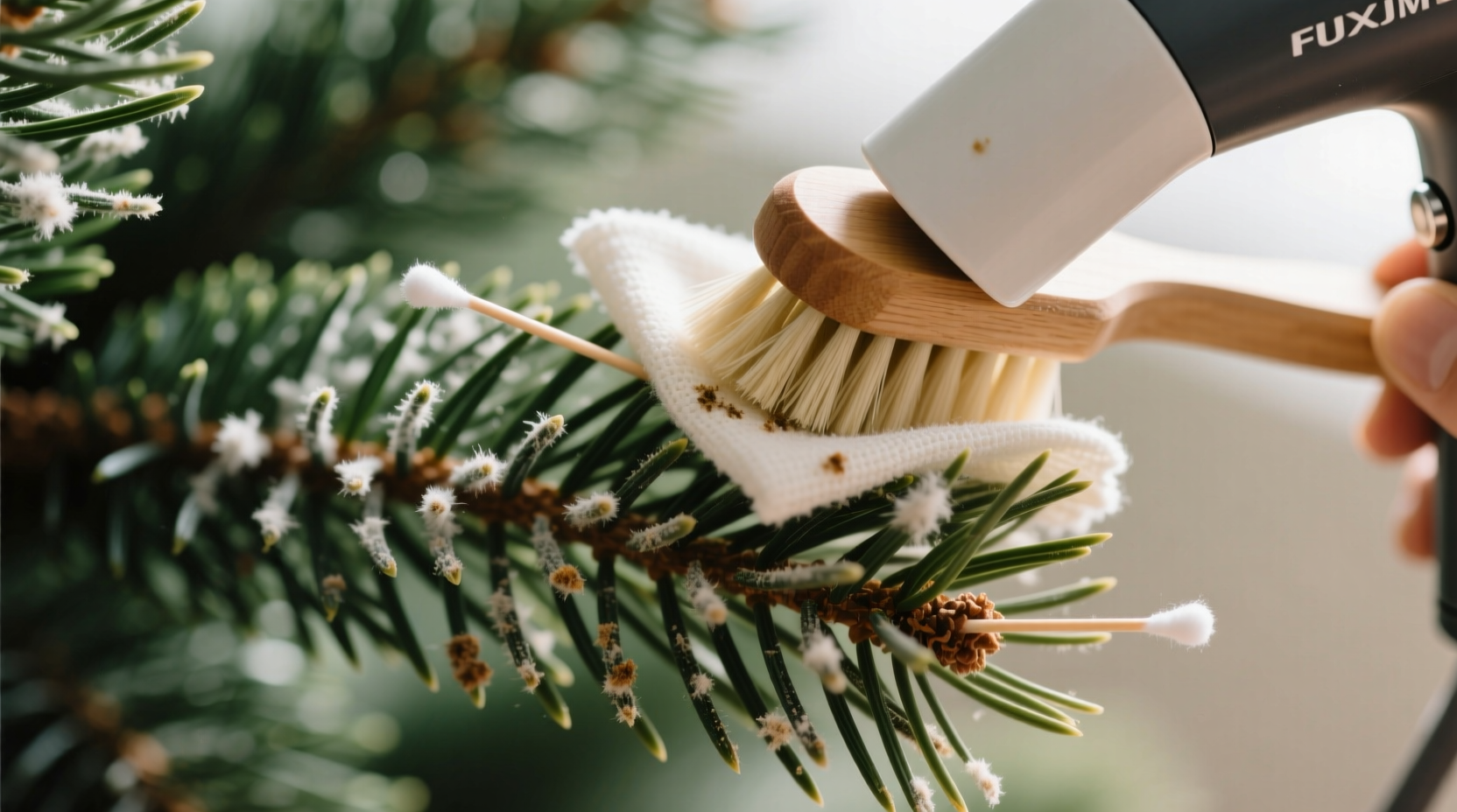 how to clean dusty artificial pine needles without damaging flocking or texture