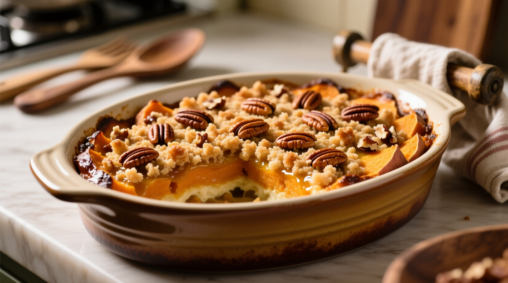 Golden sweet potato casserole with pecan topping in baking dish