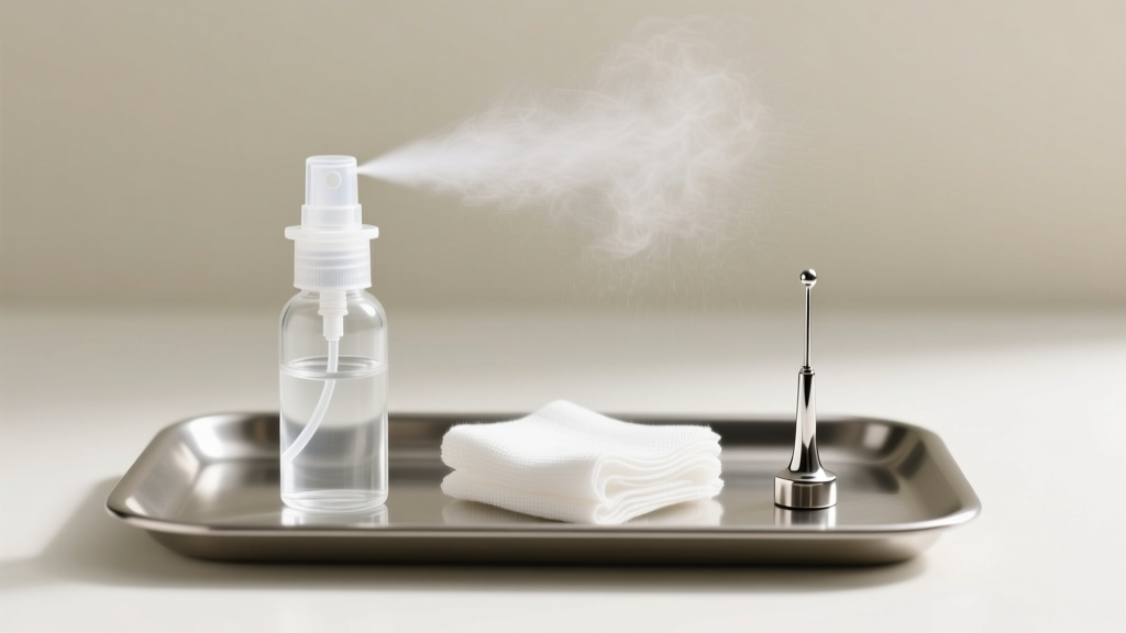 Sterile saline spray beside clean gauze and a titanium labret post on a metal tray, lit by soft studio lighting from above.