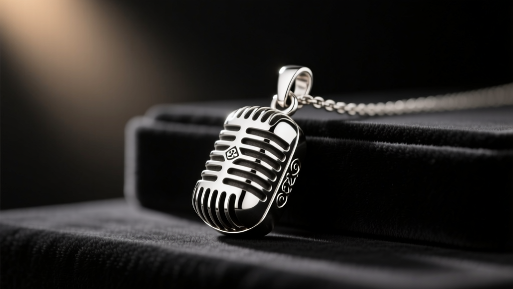 Close-up of a 925 sterling silver vintage microphone pendant on a black velvet studio desk under warm directional spotlighting