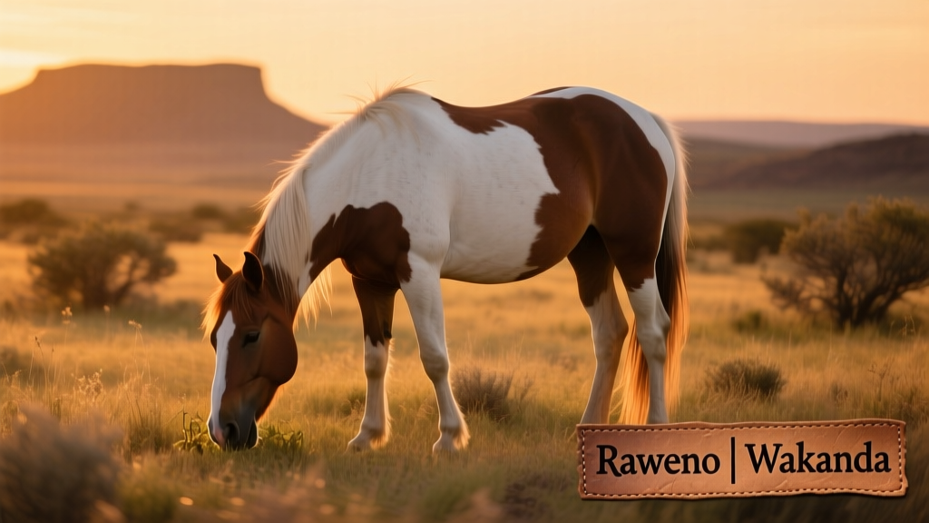 A striking Pinto horse grazing peacefully at dusk, evoking names like Raweno or Wakanda
