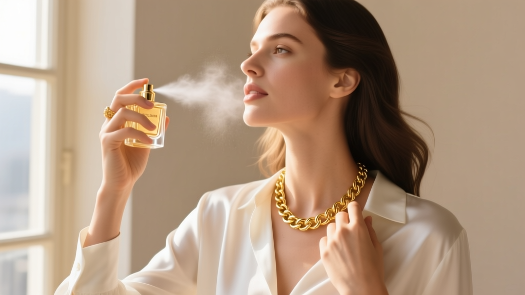Woman spraying perfume near her neck while wearing a gold chain, showing the last-on-first-off rule for daily jewelry maintenance