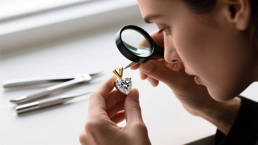 Jeweler inspecting V-prongs on a heart diamond pendant using a loupe, prong-pushing tools visible in the softly blurred background.