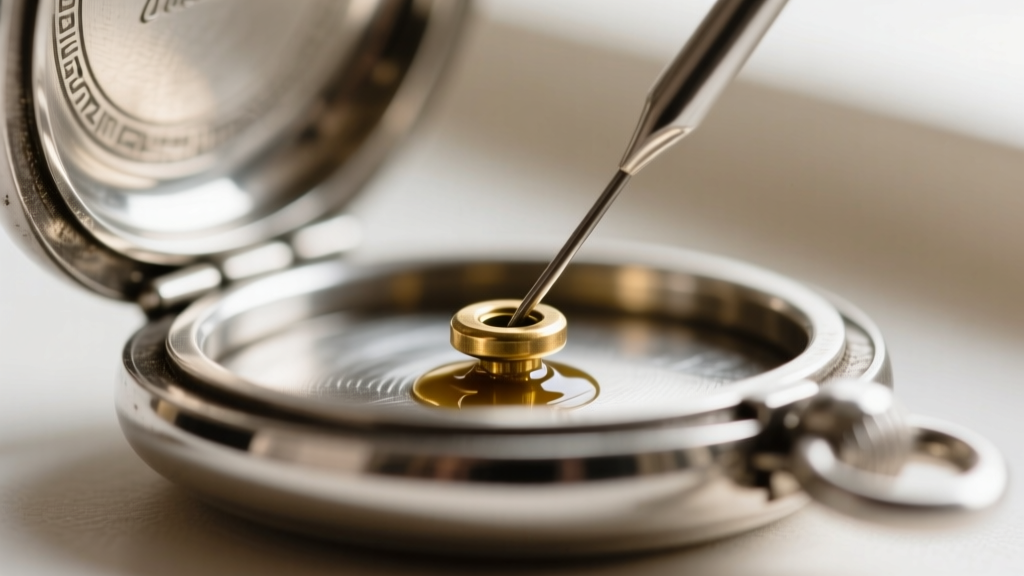 Macro view of a silver locket hinge oiled with a fine needle, showing the tiny brass pin inside the sterling silver tube.