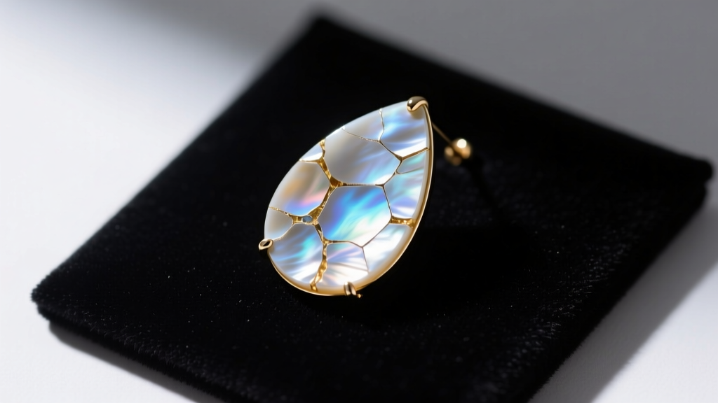 Close-up of cracked mother of pearl teardrop earring resting on dark velvet jeweler mat under bright macro lighting