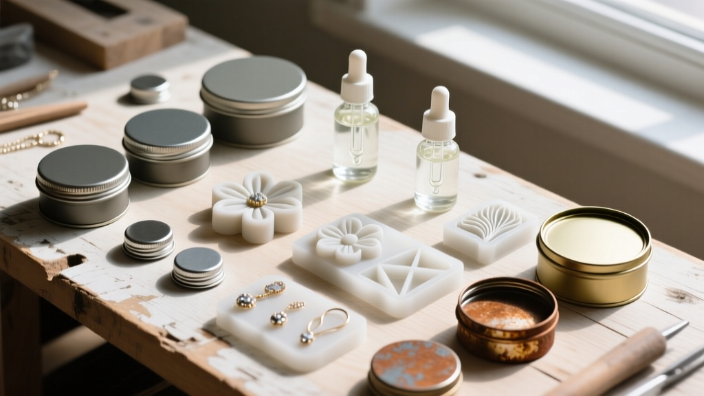 Overhead flat lay of jewelry supplies showing tin bottle caps, UV resin, silicone molds, and rust sealants on a wooden workbench