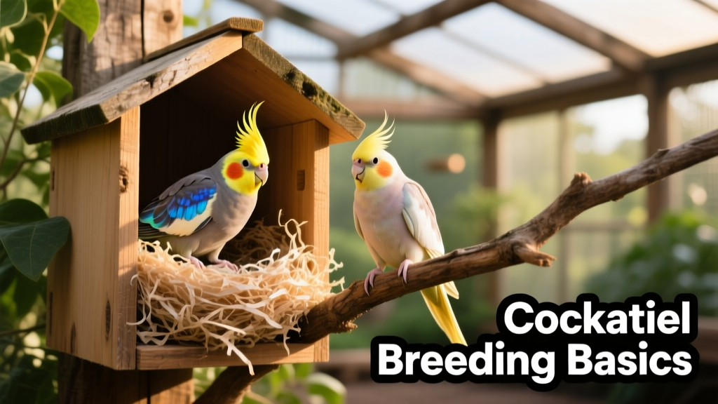 A wooden nest box inside a spacious aviary, lined with soft shredded paper and a pair of cockatiels nearby