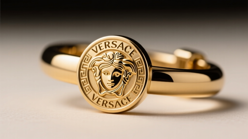 Macro view of the Versace hallmark stamp on a hoop clasp, showing crisp font kerning and deep, clean laser engraving details