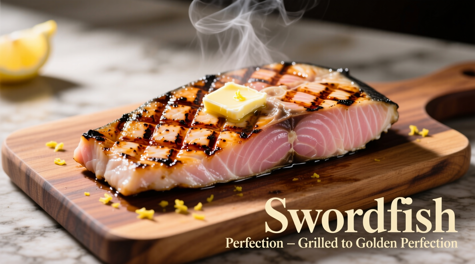 Perfekt gegrilltes Schwertfisch-Steak mit deutlichen Grillstreifen