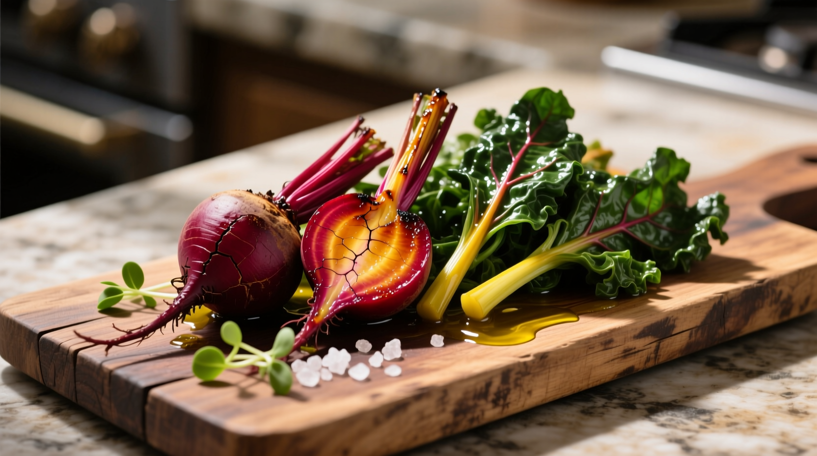 Fresh roasted beets with sautéed greens on wooden board