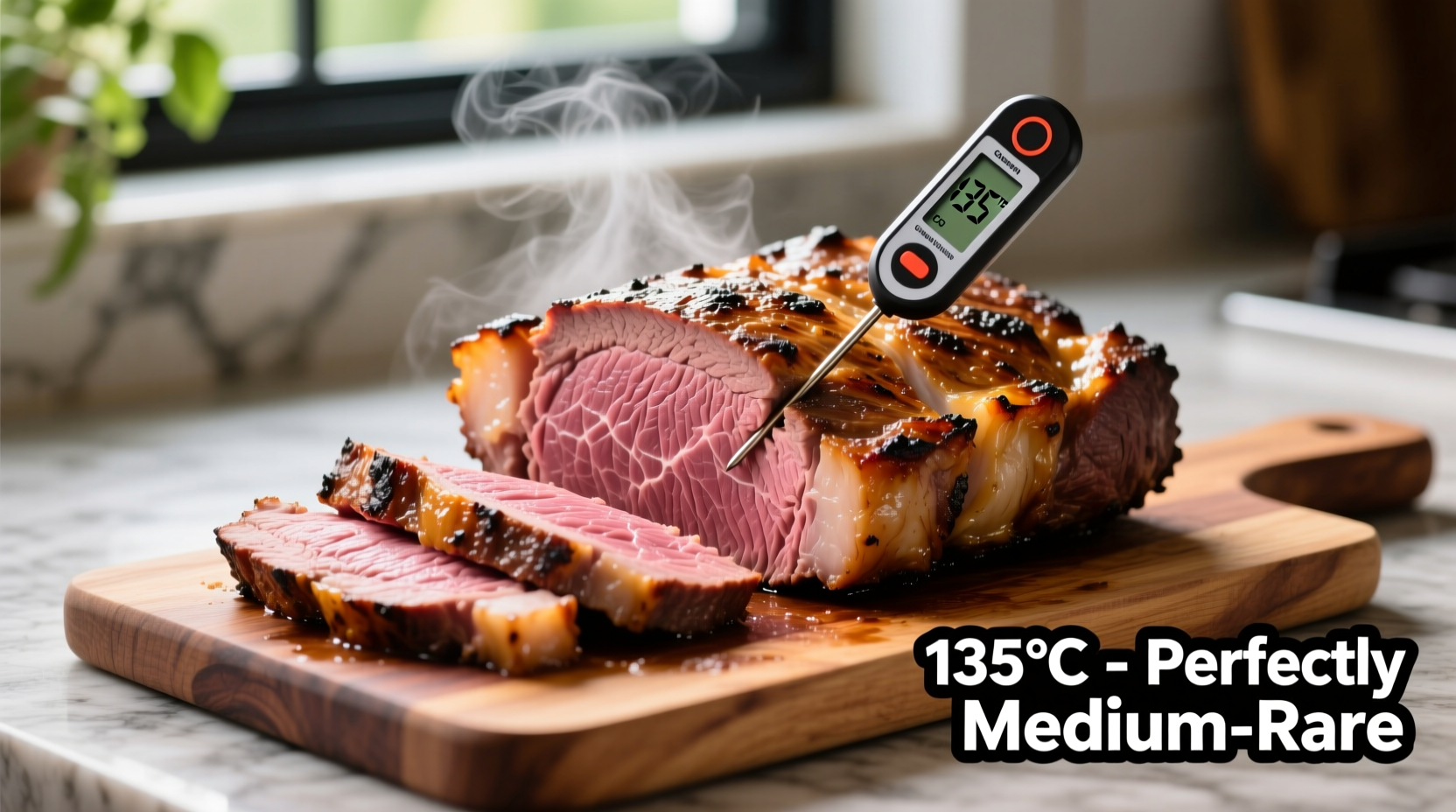 Perfectly cooked tri tip roast with internal temperature reading