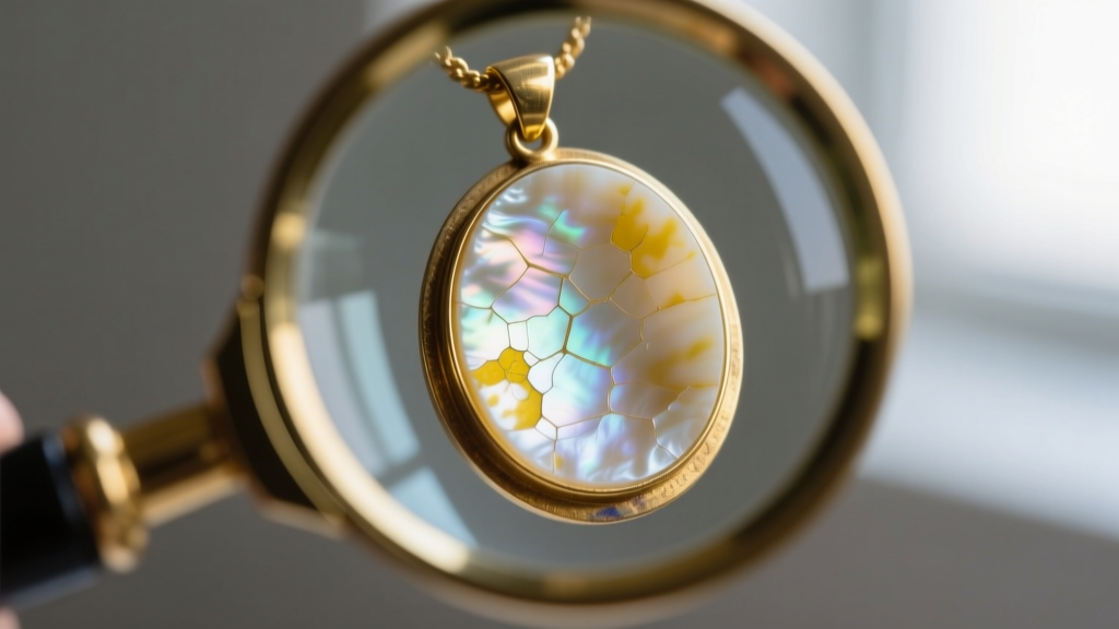 Loupe examining a mother of pearl pendant edge, showing slight delamination and yellowing adhesive near a brass backing plate.